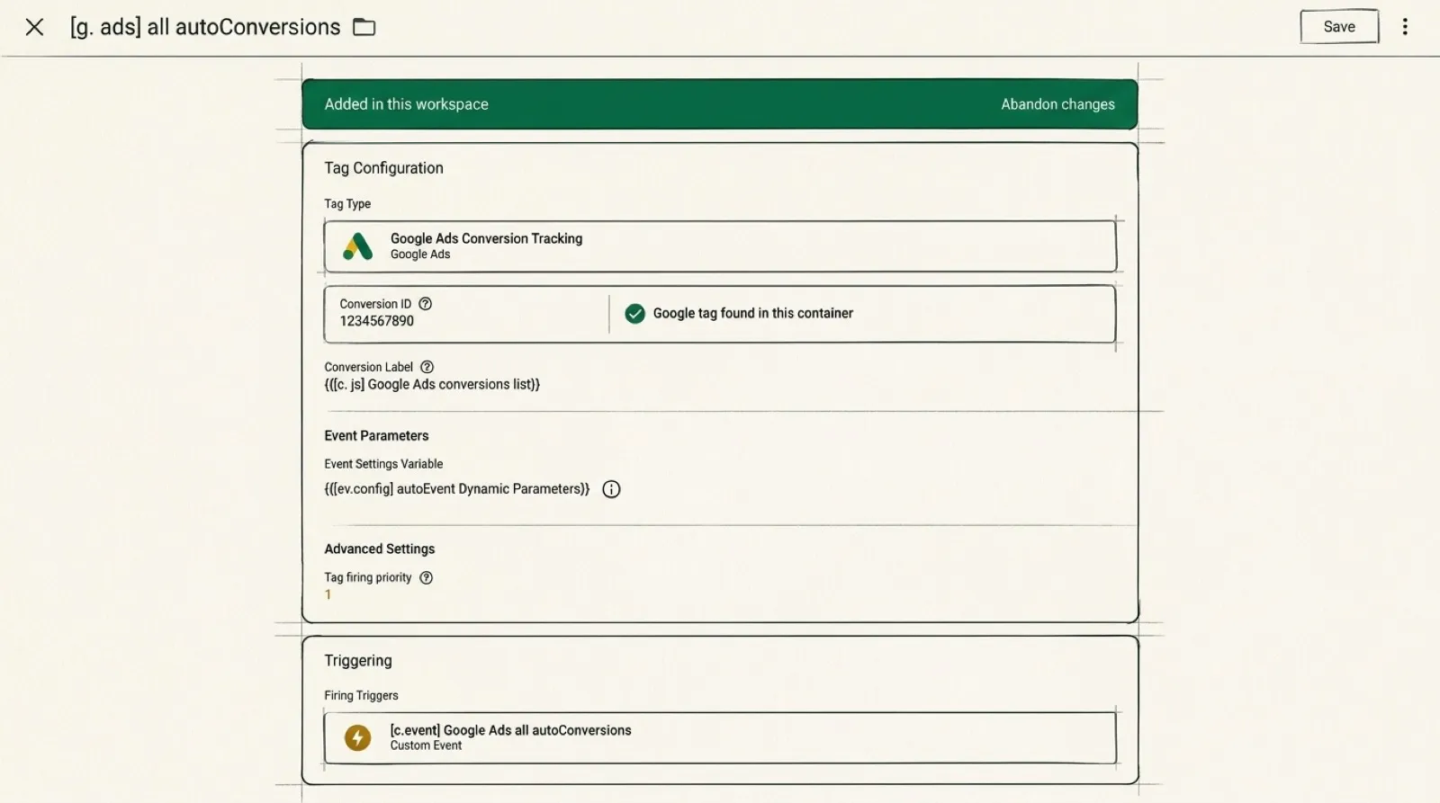 The Google Ads Conversion Tracking tag: the conversion label comes from the variable, the parameters from the settings variable, priority 1.