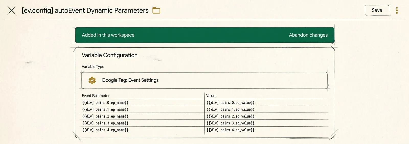 The autoEvent Dynamic Parameters variable: five rows, the left side holding a variable with the parameter name, the right side a variable with its value.