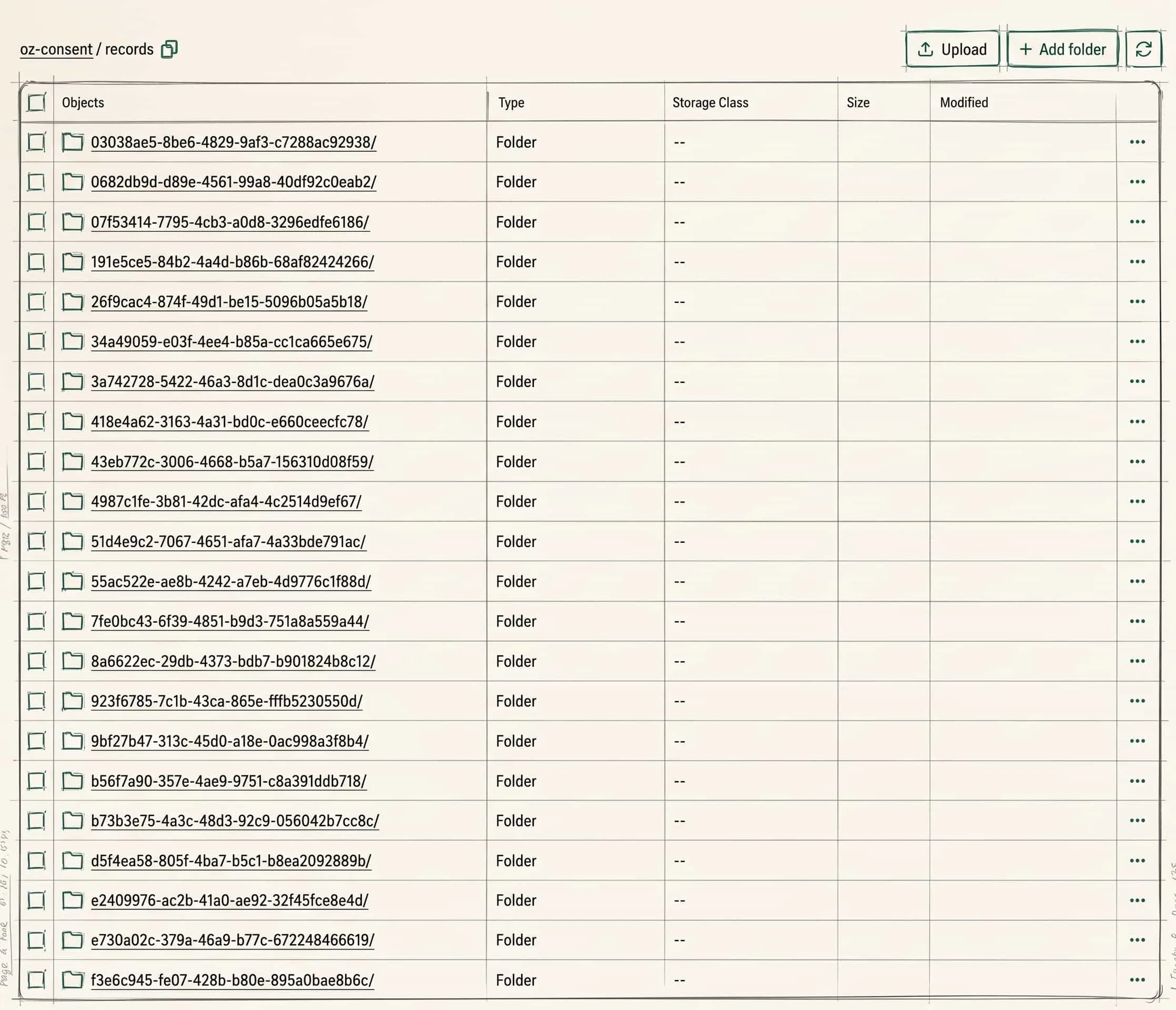 The consent log store, the records section: a list of folders named by subject numbers - 03038ae5-8be6-4829-9af3-c7288ac92938, 0682db9d-d89e-4561-99a8-40df92c0eab2 and so on, among them e730a02c-379a-46a9-b77c-672248466619 from the previous screenshot. One folder is one subject, and their signatures sit inside it.