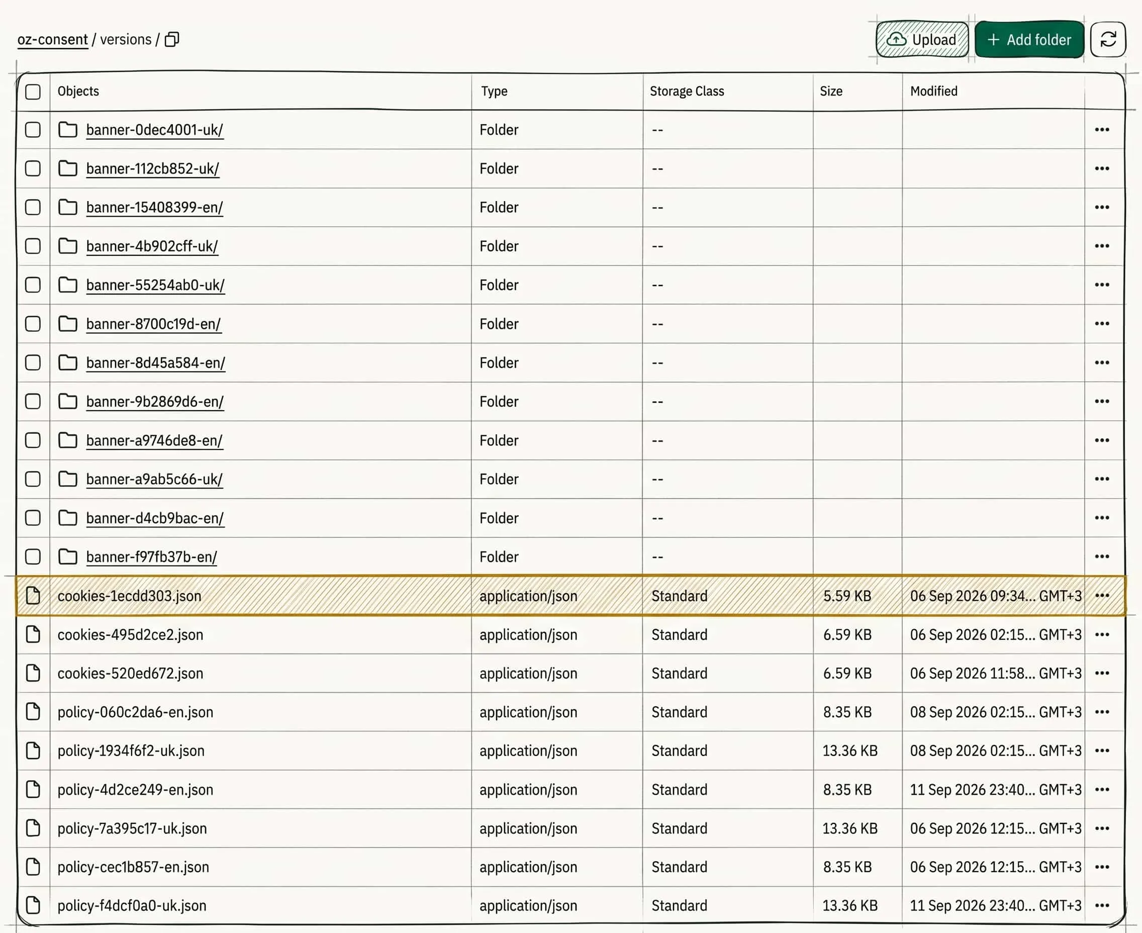 The consent log store, the versions section: folders of banner revisions - banner-112cb852-uk, banner-0dec4001-uk, banner-15408399-en and others - and files of cookie dictionary and policy revisions: cookies-520ed672.json at 6.59 KB, policy-7a395c17-uk.json at 13.36 KB. These three fingerprints - 112cb852, 520ed672 and 7a395c17 - are the ones written in the signature above.