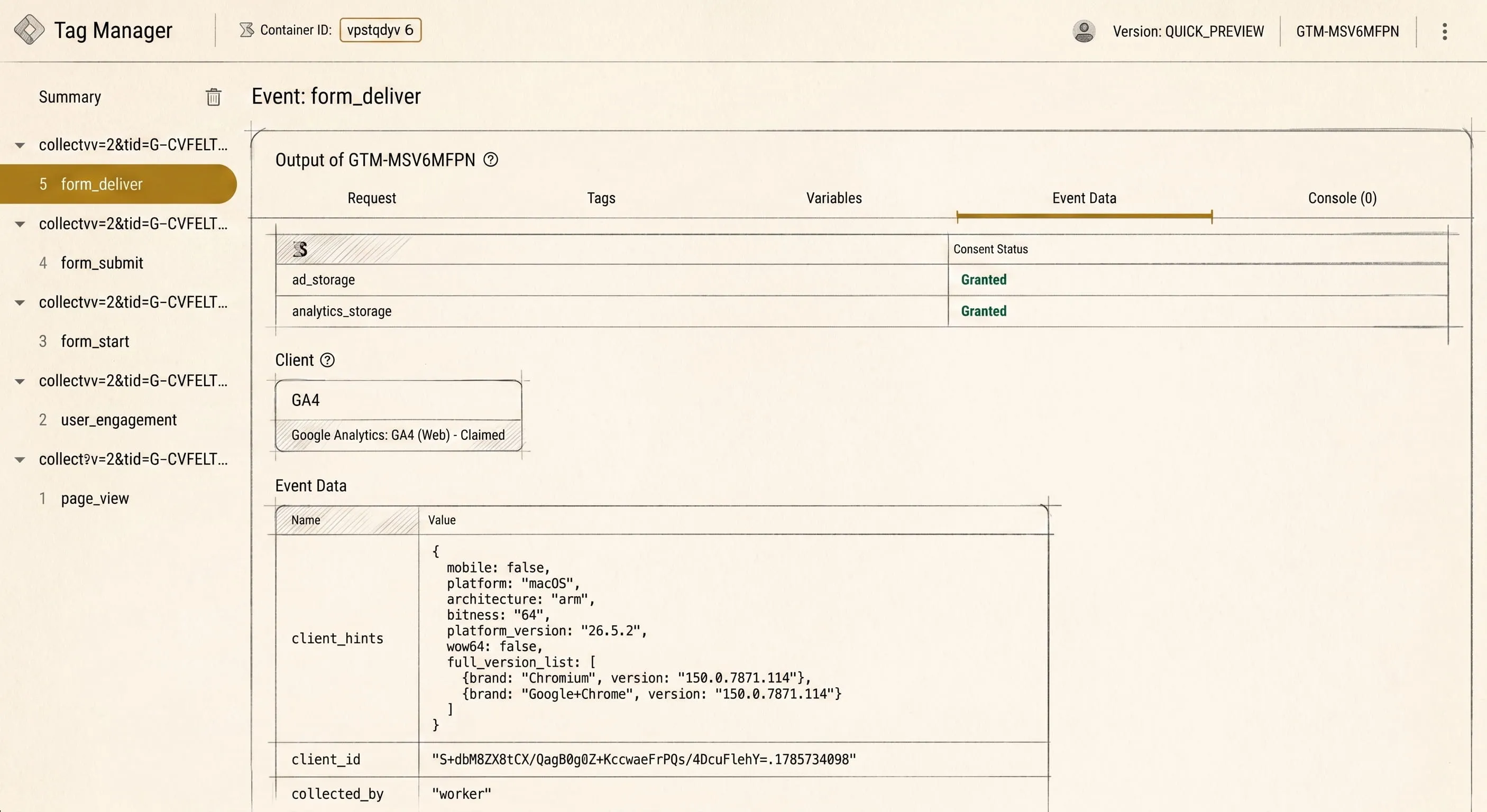 The sGTM preview showing the event my Worker sent: a list of five collect requests on the left, the event named form_deliver, consent status with ad_storage and analytics_storage both granted, the client identified as Google Analytics: GA4 (Web) - Claimed, and event data holding client_hints, client_id and collected_by set to worker.