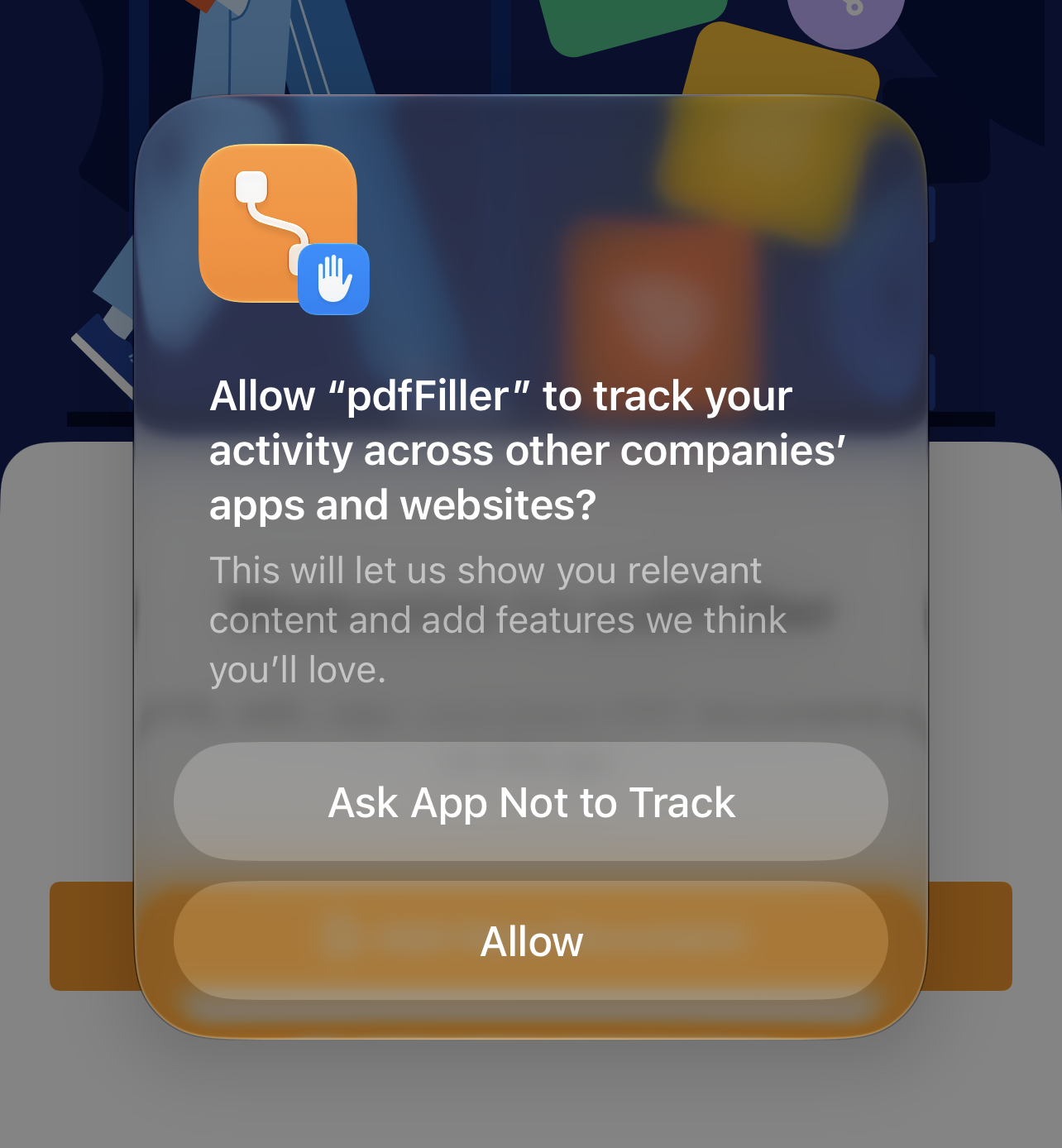 The ATT system window on iOS: it asks whether to let the app track you across other apps and websites, with two buttons - deny or allow.
