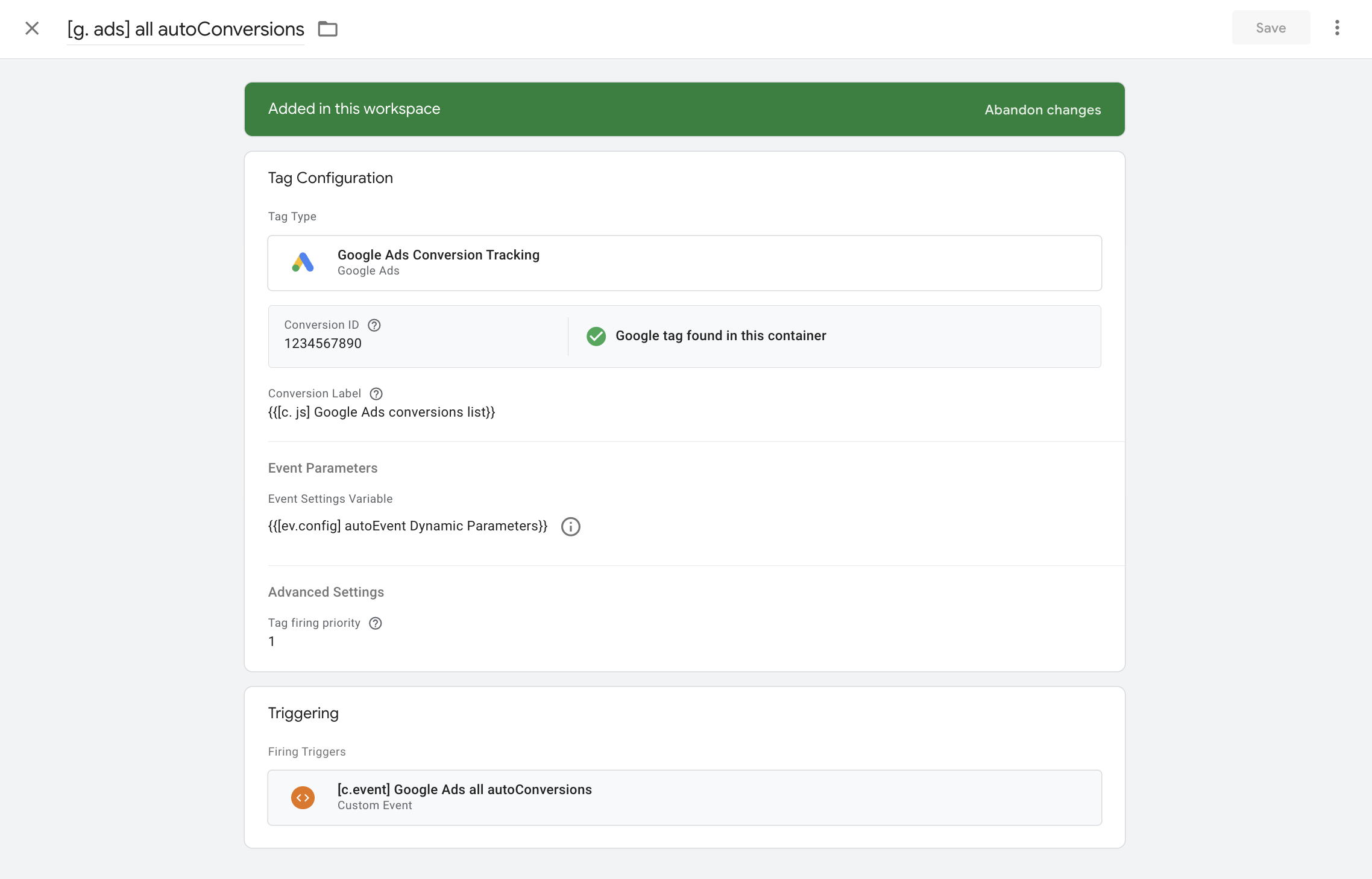 The Google Ads Conversion Tracking tag: the conversion label comes from the variable, the parameters from the settings variable, priority 1.