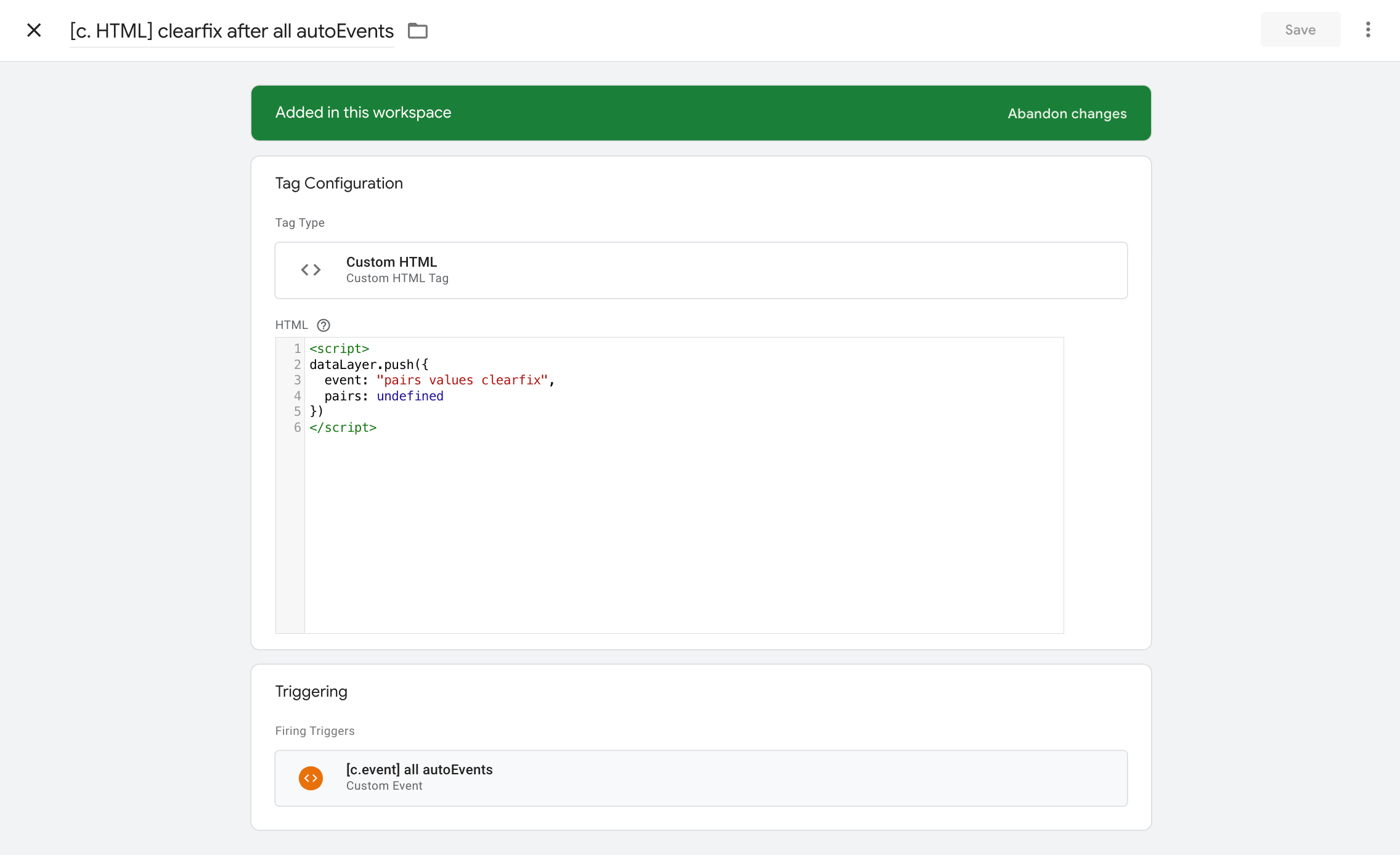 The Custom HTML tag that clears the pairs array after every event: a pairs values clearfix push with the value undefined.