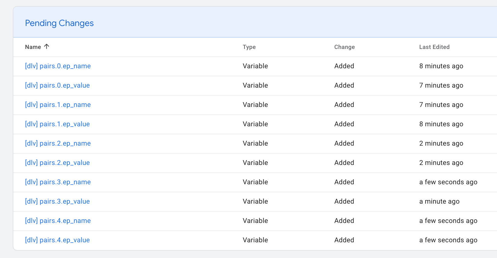 Ten dataLayer variables in the GTM container: from pairs.0.ep_name to pairs.4.ep_value, all of type Data Layer Variable.