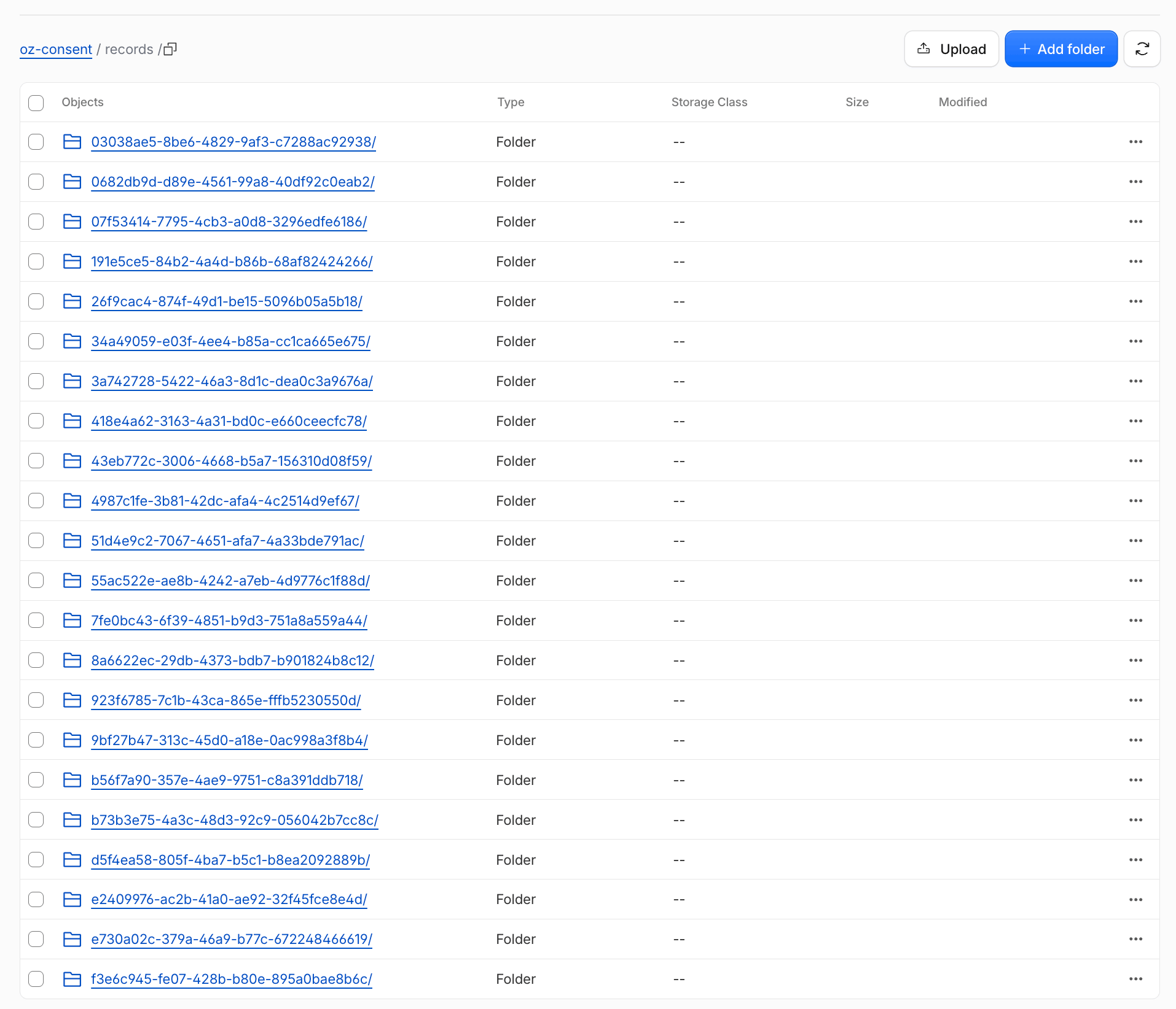 The consent log store, the records section: a list of folders named by subject numbers - 03038ae5-8be6-4829-9af3-c7288ac92938, 0682db9d-d89e-4561-99a8-40df92c0eab2 and so on, among them e730a02c-379a-46a9-b77c-672248466619 from the previous screenshot. One folder is one subject, and their signatures sit inside it.