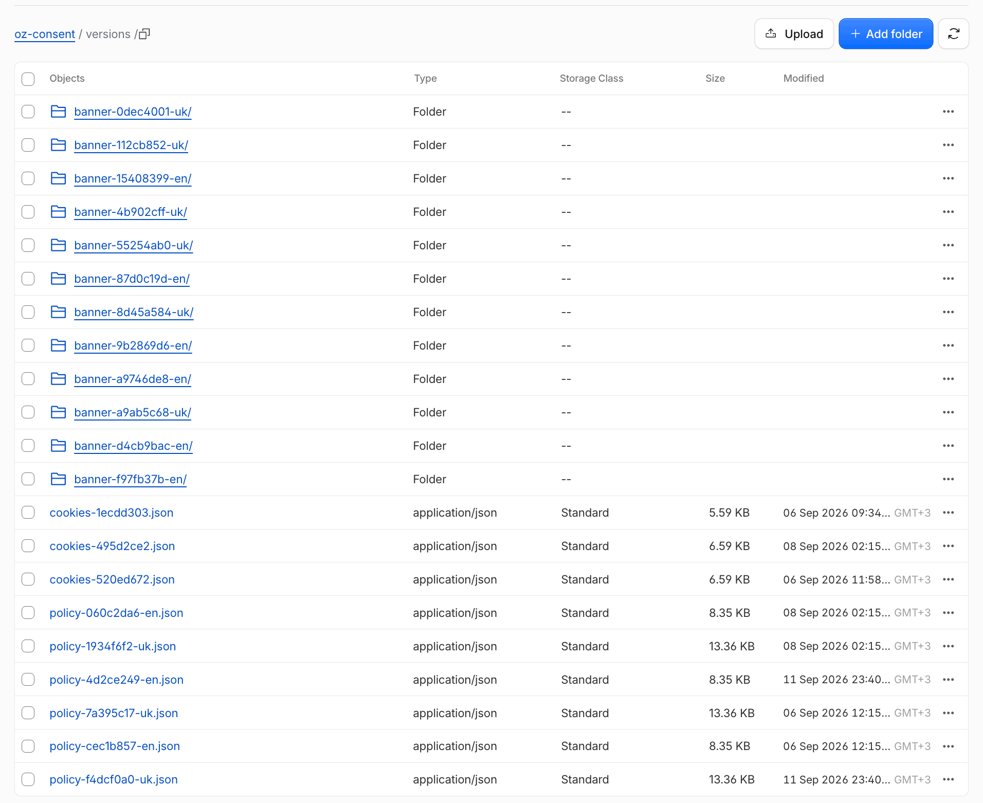 The consent log store, the versions section: folders of banner revisions - banner-112cb852-uk, banner-0dec4001-uk, banner-15408399-en and others - and files of cookie dictionary and policy revisions: cookies-520ed672.json at 6.59 KB, policy-7a395c17-uk.json at 13.36 KB. These three fingerprints - 112cb852, 520ed672 and 7a395c17 - are the ones written in the signature above.