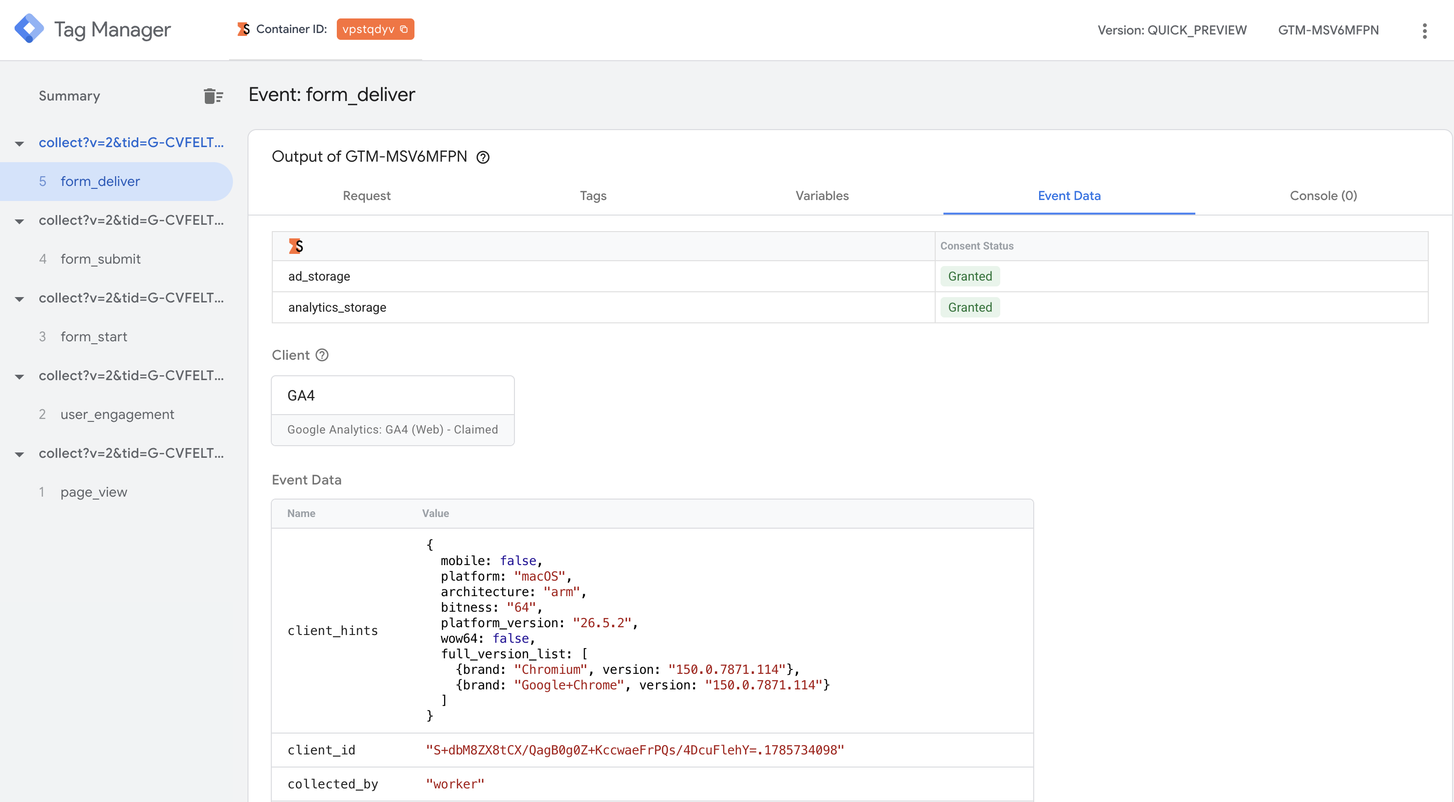 The sGTM preview showing the event my Worker sent: a list of five collect requests on the left, the event named form_deliver, consent status with ad_storage and analytics_storage both granted, the client identified as Google Analytics: GA4 (Web) - Claimed, and event data holding client_hints, client_id and collected_by set to worker.
